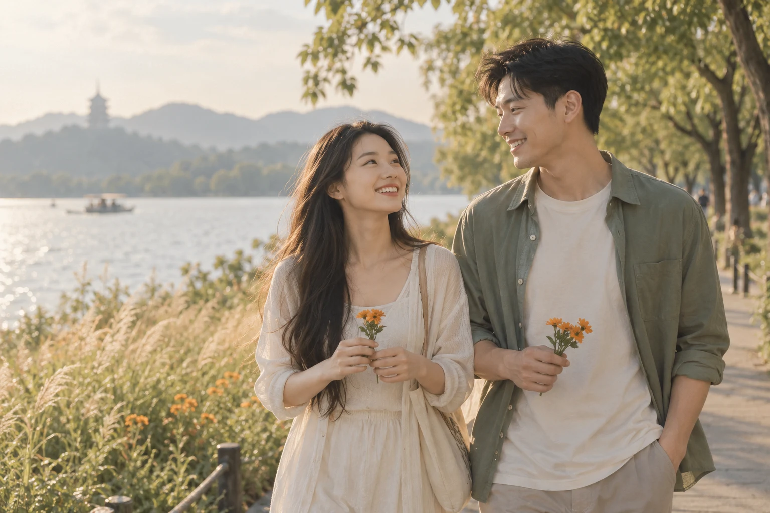 品牌场景配图：两位年轻人在阳光下的公园一起散步